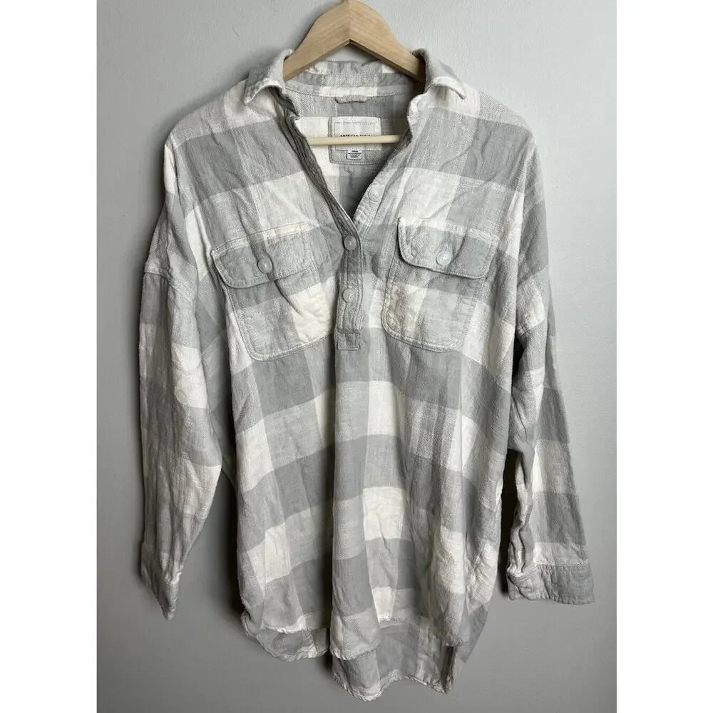 American Eagle Outfitters Half Button Down Long Sleeve Plaid Shirt Size Small